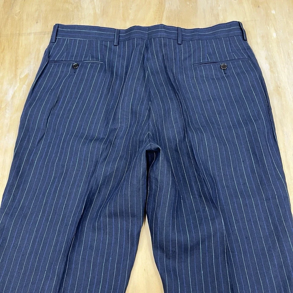 Etro Linen Suit Mens (Actual Sz 44R) Pants 37x28 Dark Navy/Teal 3Button Striped